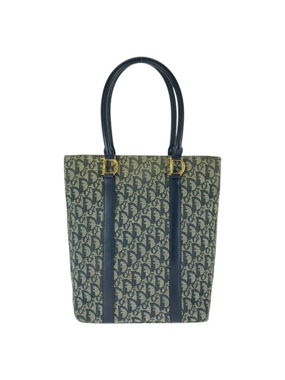 Dior Vintage Trotter Navy Gold Canvas Leather Tote Shoulder Bag